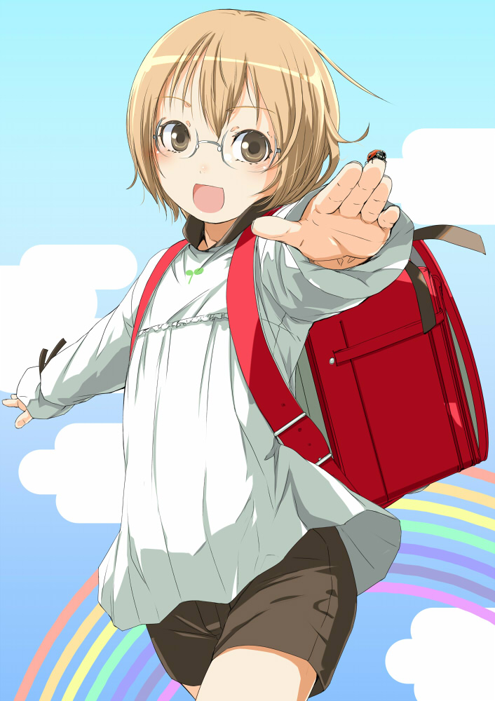 bag blonde_hair blush brown_eyes child glasses happy insect ladybug open_mouth rainbow randoseru short_hair shorts sody