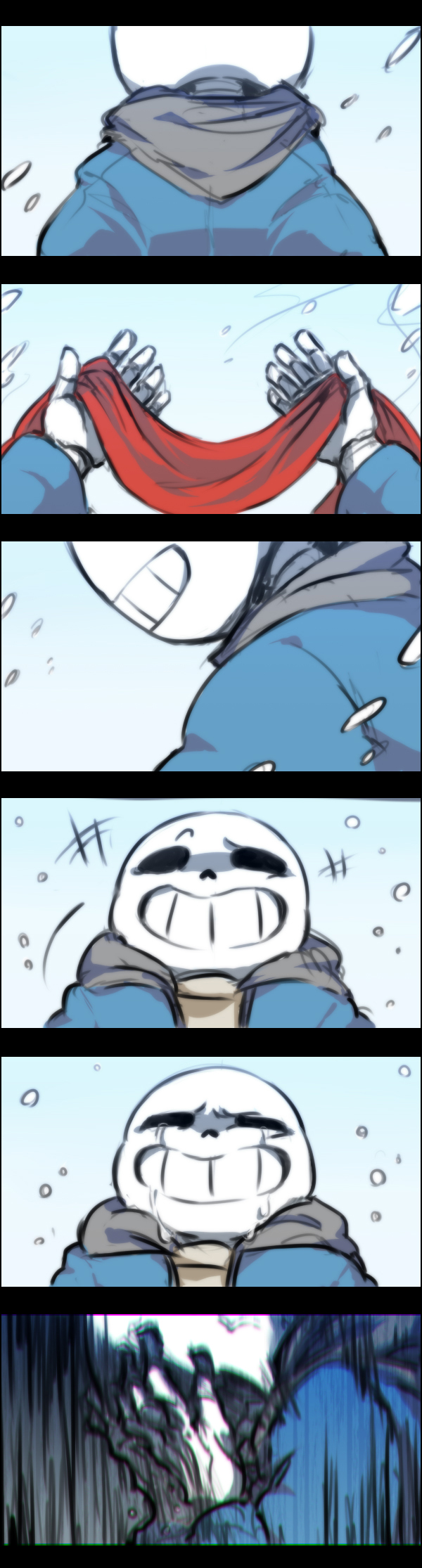 1boy :d border coat comic covering_face crying despair empty_eyes grin head_down highres hood hoodie laughing motion_lines onieon open_clothes open_mouth red_scarf sans scarf scarf_removed skeleton smile snowflakes snowing solo spoilers tears teeth undertale winter_clothes winter_coat