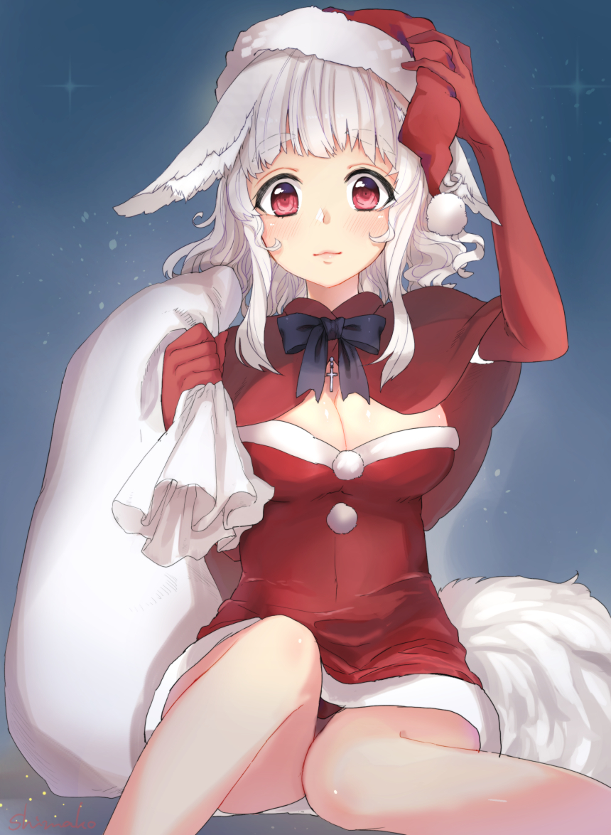 1girl albino animal_ears bangs black_bowtie blunt_bangs blush breasts capelet carrying_over_shoulder christmas cleavage closed_mouth cross dress eyebrows eyebrows_visible_through_hair fur_trim gloves grey_hair hand_on_headwear hat holding jewelry light_smile long_hair original pendant pom_pom_(clothes) red_dress red_eyes red_gloves red_hat sack santa_costume santa_hat shimako_(mehr) sitting solo tail white_background