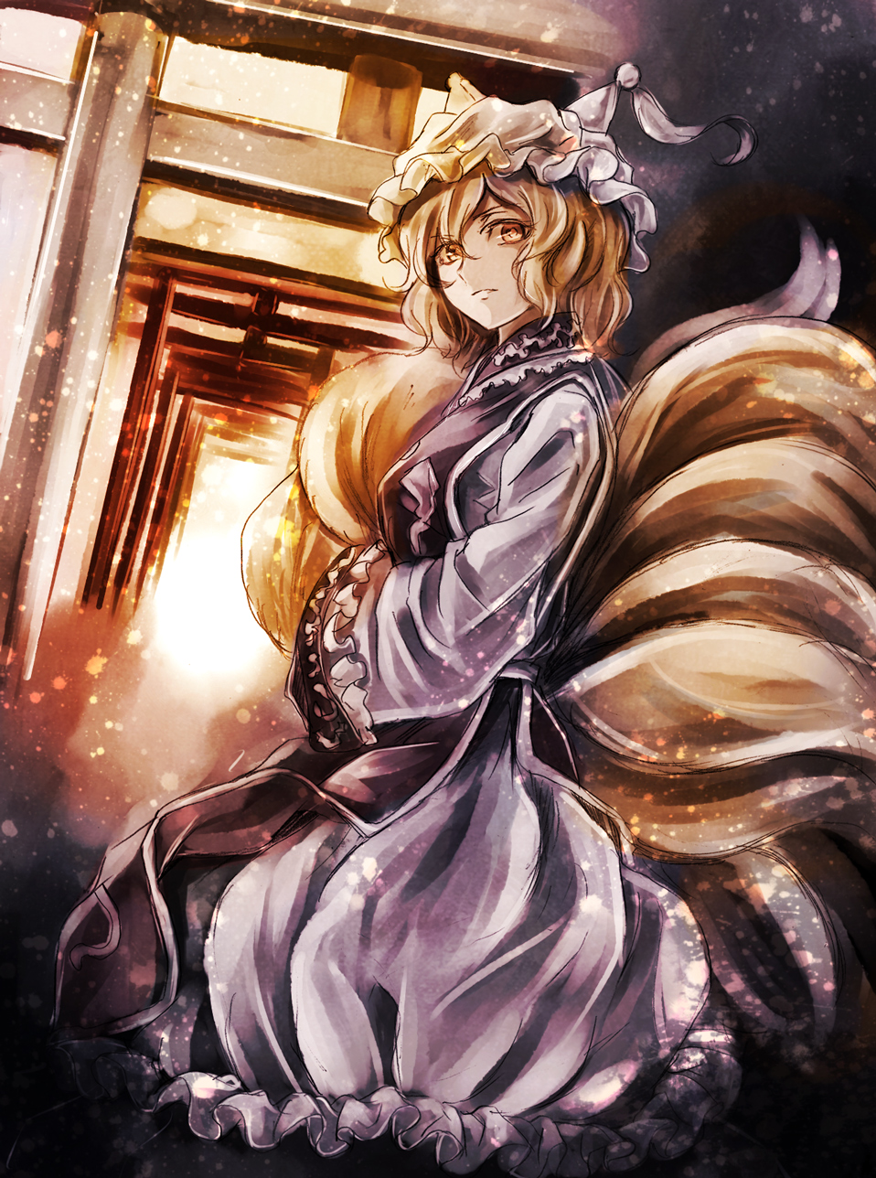 1girl blonde_hair dress fox_tail hands_in_sleeves hat highres jan_(artist) long_sleeves looking_at_viewer multiple_tails pillow_hat solo table tail torii touhou white_dress wide_sleeves yakumo_ran yellow_eyes