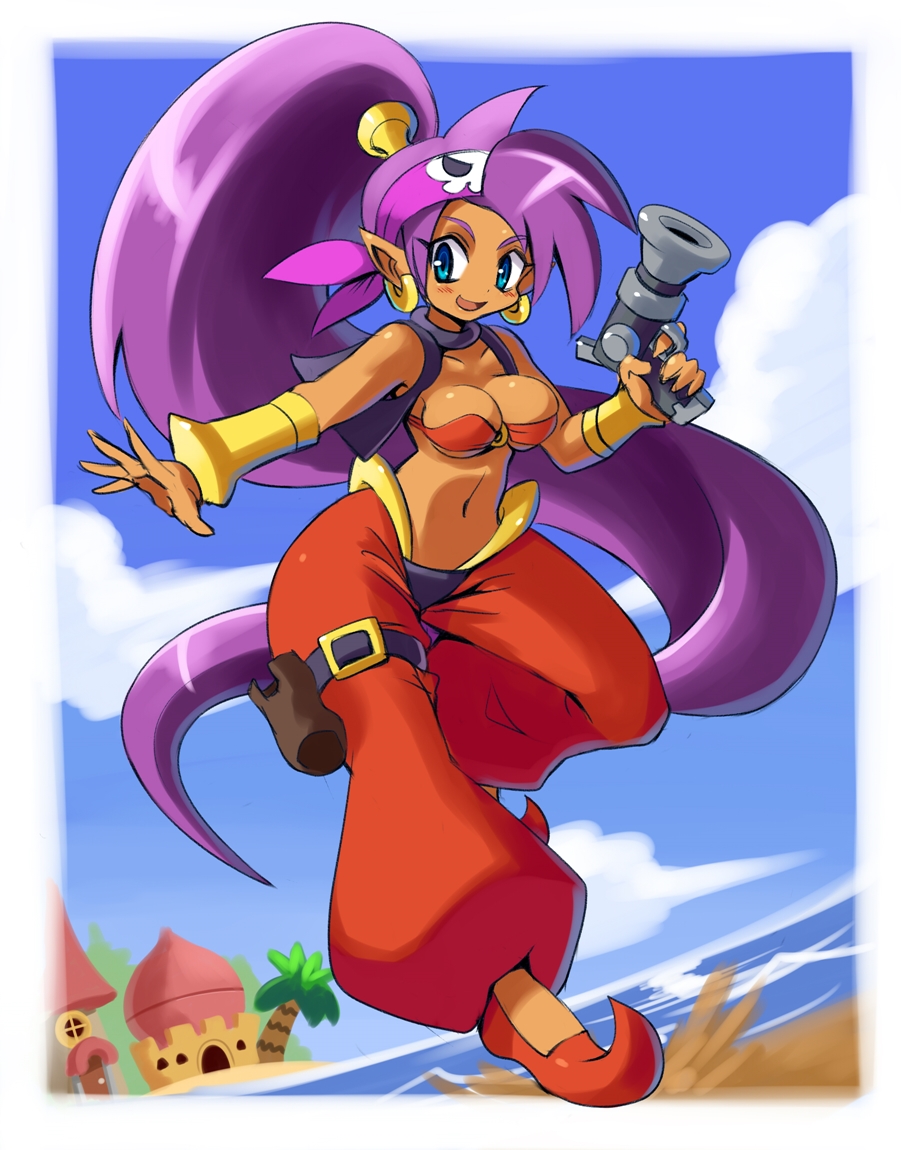1girl bandana bandeau blue_eyes bracer breasts cleavage earrings gun handgun harem_pants jewelry long_hair navel outdoors pants pistol pointy_ears ponytail purple_hair shantae shantae_(character) shantae_and_the_pirate's_curse shoes smile solo thigh_strap very_long_hair vest weapon