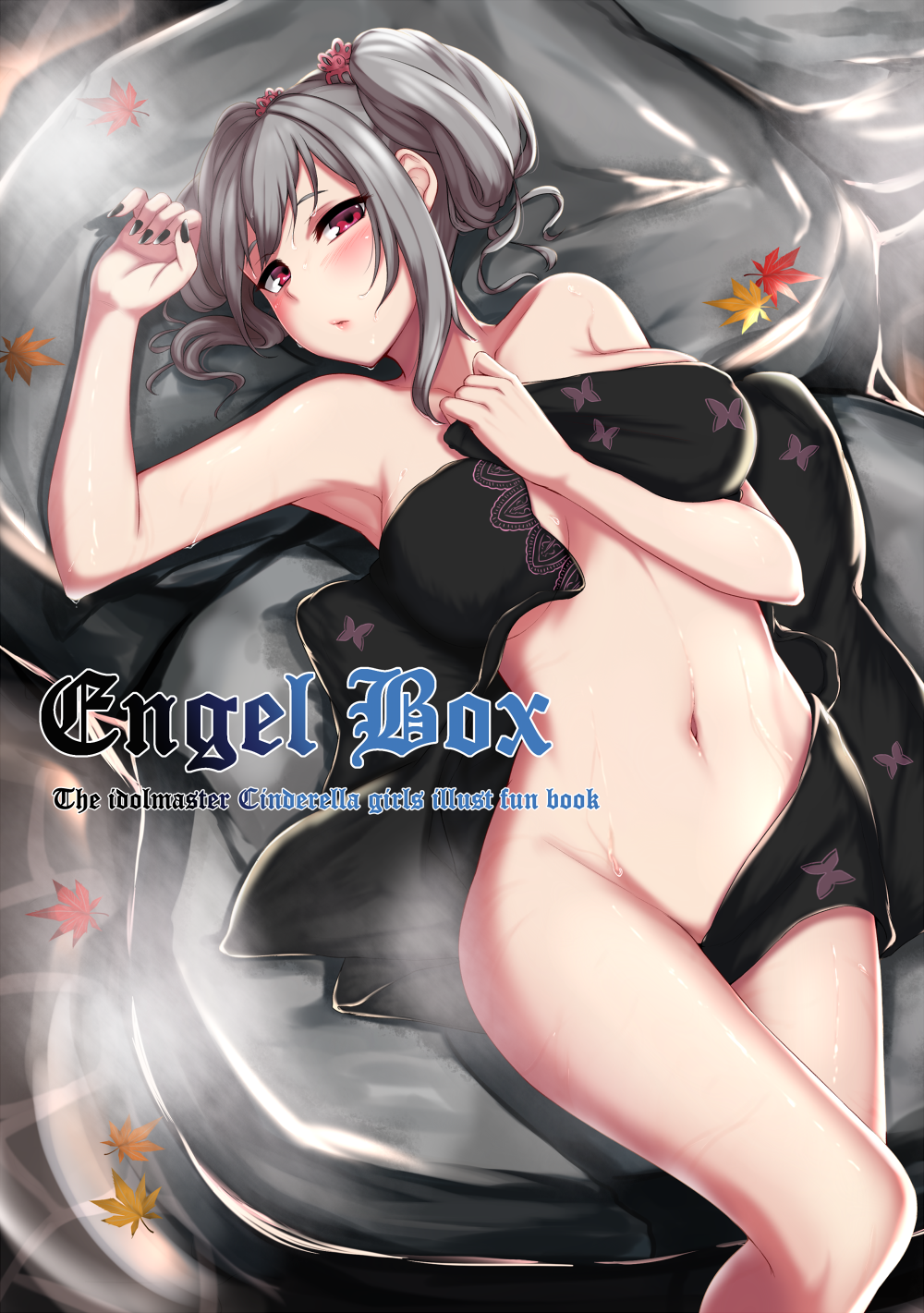 1girl blush breasts cover cover_page doujin_cover drill_hair highres idolmaster idolmaster_cinderella_girls kanzaki_ranko long_hair naked_towel navel oogatazin red_eyes silver_hair solo towel twin_drills twintails