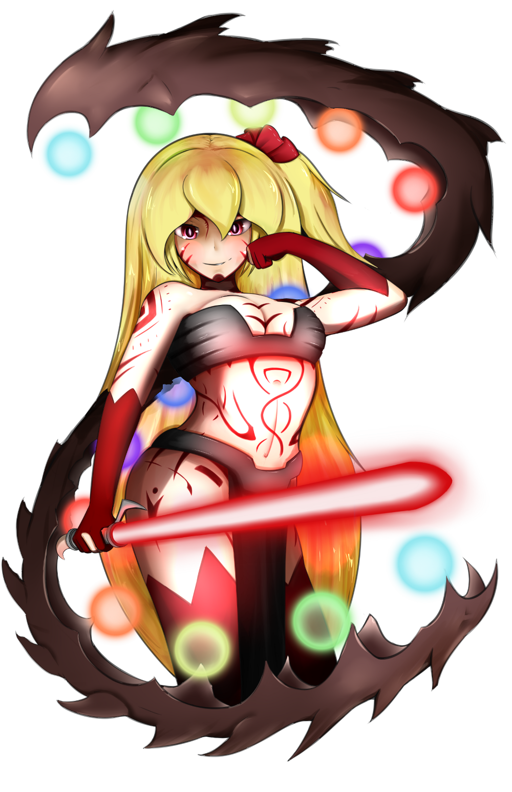 1girl alternate_costume armor bikini_armor blonde_hair boots breasts curvy energy_sword flandre_scarlet full_body_tattoo gloves highres hips lightsaber loincloth nanostar red_eyes side_ponytail sith smile solo star_wars sword tattoo thigh-highs thigh_boots touhou weapon wings