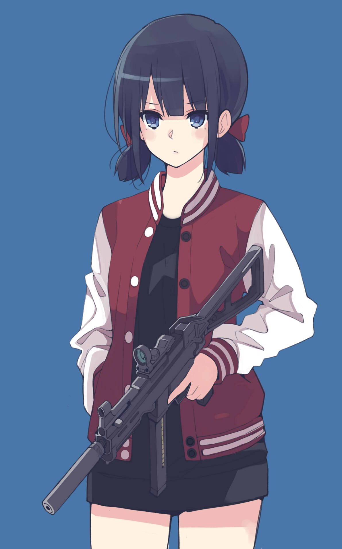 1girl akagawa007 black_hair black_shirt black_skirt blue_background blue_eyes blush bow buttons cowboy_shot dress expressionless gun h&amp;k_ump hair_bow hand_in_pocket heckler_&amp;_koch highres letterman_jacket long_sleeves low_twintails miniskirt original shirt short_hair short_twintails sidelocks simple_background skirt solo standing submachine_gun suppressor sweater sweater_dress trigger_discipline twintails unbuttoned weapon