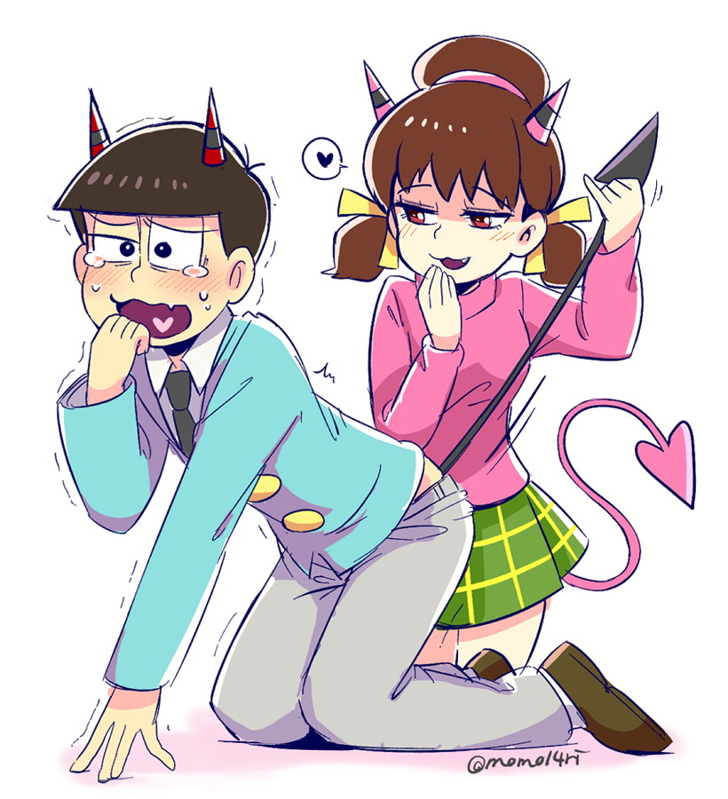 1boy 1girl all_fours blush bowl_cut brown_hair demon_horns demon_tail fang formal hair_ribbon hairband half-closed_eyes hand_to_own_mouth heart heart_in_mouth horns kneeling matsuno_osomatsu mone_(14ri0000) osomatsu-kun osomatsu-san red_eyes ribbon short_hair short_twintails simple_background smirk spoken_heart suit tail tail_pull tearing_up trembling turtleneck twintails twitter_username white_background yowai_totoko