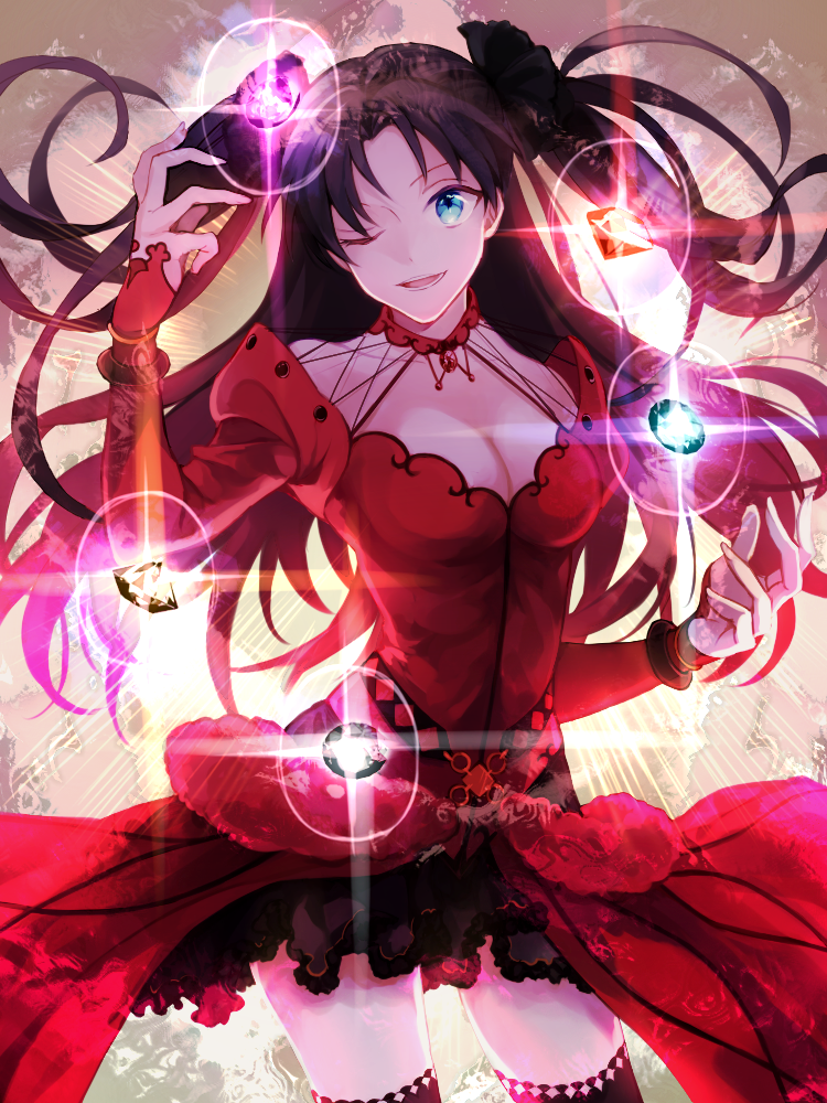 1girl ;) black_hair blue_eyes dress fate/grand_order fate_(series) formalcraft gem hair_ribbon long_hair one_eye_closed open_mouth ribbon smile solo thigh-highs toosaka_rin two_side_up wowishi zettai_ryouiki