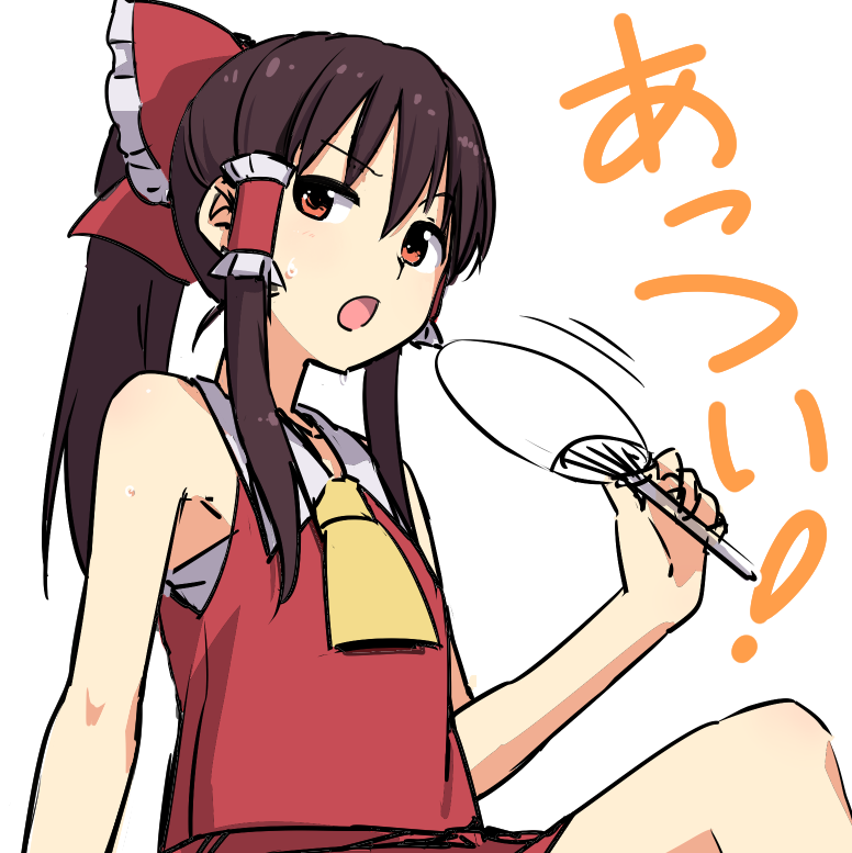 &gt;:o 1girl :o annoyed ascot bare_arms bow brown_hair d:&lt; fan hair_bow hair_tubes hakurei_reimu hot large_bow leon_7 long_hair looking_at_viewer open_mouth paper_fan ponytail red_eyes sarashi sitting skirt skirt_set sleeveless solo sweat touhou vest