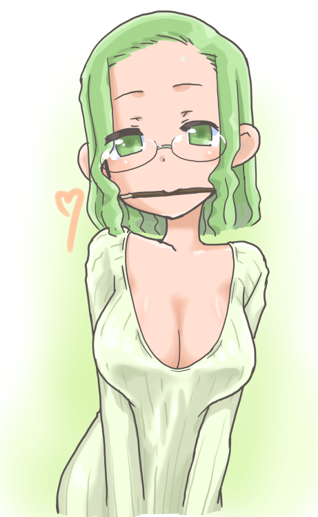 1girl breasts cleavage glasses green_eyes green_hair heart kazoku_game long_hair mouth_hold pocky solo suzushiro_seri yusa_yukie