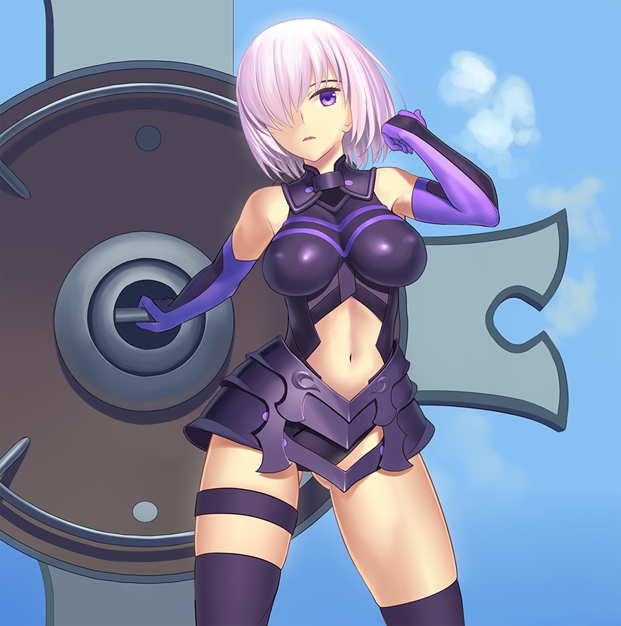 1girl armor ass_visible_through_thighs breasts clouds elbow_gloves fate/grand_order fate_(series) gloves hair_over_one_eye navel purple_hair shielder_(fate/grand_order) short_hair skindentation solo thigh-highs thighs tsukikanade type-moon violet_eyes