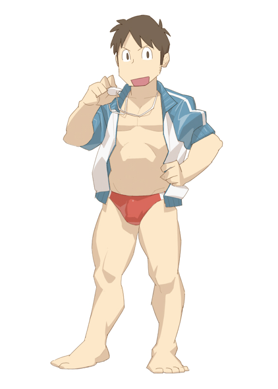 brown_hair jacket muscle nichijou open_clothes open_jacket swim_briefs swimsuit tagme takasaki_manabu whistle