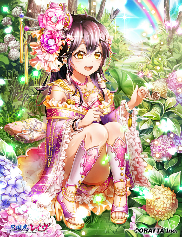 1girl anklet blush bracelet flower hair_flower hair_ornament high_heels hydrangea japanese_clothes jewelry kimono long_hair nature necklace ozon purple_hair rain sandals sitting smile snail solo sparkle toes yellow_eyes