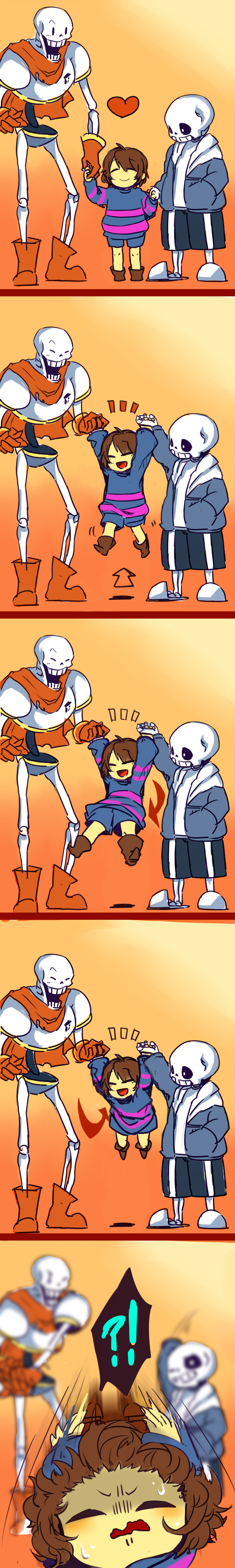 !? 2boys absurdres androgynous boots comic frisk_(undertale) glowing glowing_eye heart height_difference highres holding_hands lifting_person long_image multiple_boys papyrus_(undertale) sans shirt silent_comic skeleton slippers striped striped_shirt sweatdrop swinging tall_image undertale yokago
