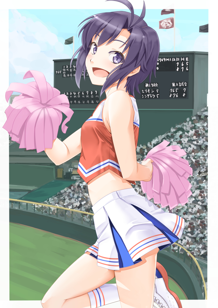 1girl black_eyes black_hair cheerleader idolmaster kikuchi_makoto looking_at_viewer miri_(ago550421) open_mouth short_hair solo