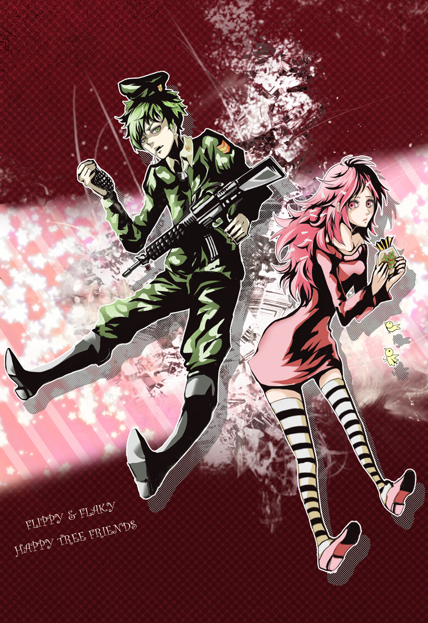 assault_rifle bird black_boots boots character_name chick collarbone copyright_name dress explosive fang flaky flippy green_eyes green_hair grenade gun happy_tree_friends hat highres messy_hair military military_hat military_uniform outline personification pink_eyes pink_hair rifle striped striped_legwear sweater sweater_dress thigh-highs torike_(cc3323) uniform weapon
