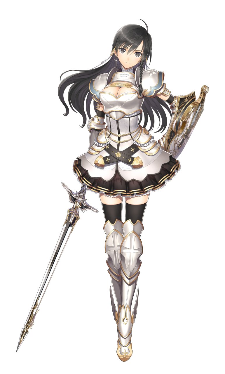 1girl armor armored_dress black_hair black_legwear black_thighhighs braid breasts cleavage closed_mouth cross_earrings earrings female full_body gauntlets greaves highres holding_sword holding_weapon jewelry long_hair looking_at_viewer shield shining_(series) shining_hearts shoulder_armor simple_background skindentation smile solo sonia_blanche standing sword tanaka_takayuki thigh-highs weapon white_background zettai_ryouiki