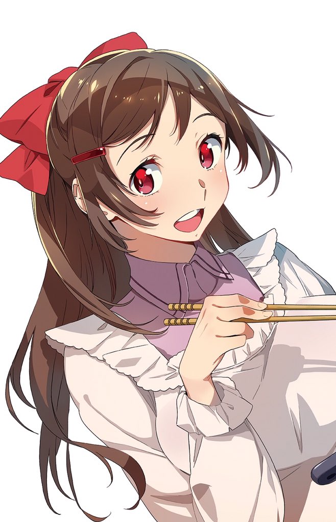 1girl :d apron bow brown_hair chopsticks hair_bow hair_ornament hairclip kantai_collection long_hair looking_at_viewer mamiya_(kantai_collection) nonco open_mouth red_eyes simple_background smile solo teeth white_background