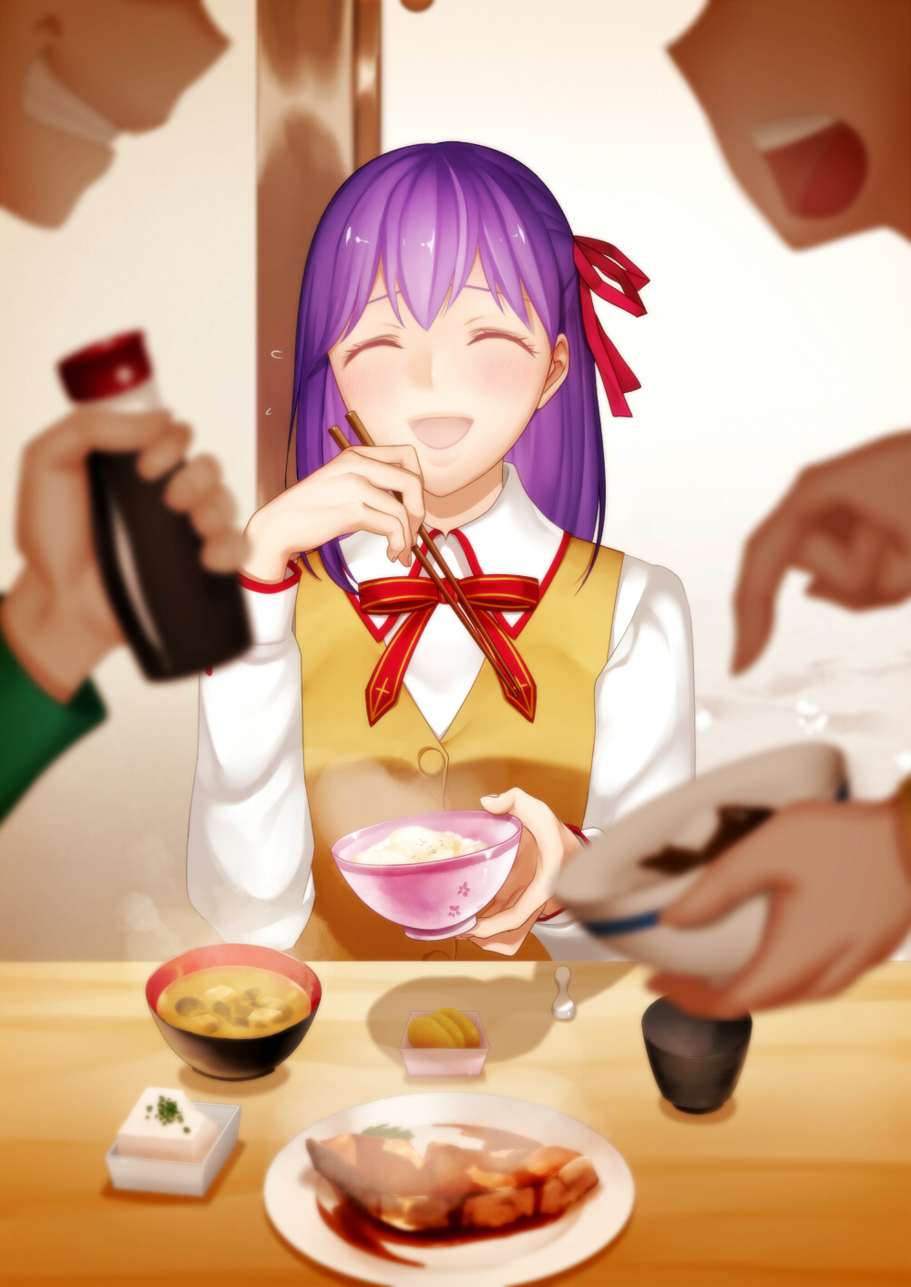 1girl :d ^_^ arkray bangs blurry bowl buttons chopsticks clenched_teeth closed_eyes collared_shirt depth_of_field emiya_shirou fate/stay_night fate_(series) flying_sweatdrops food fujimura_taiga hair_ribbon head_out_of_frame highres holding laughing long_hair matou_sakura meal open_mouth pointing purple_hair red_bowtie red_ribbon ribbon rice rice_bowl sauce shadow shirt smile solo_focus steam tofu vest white_shirt wooden_table