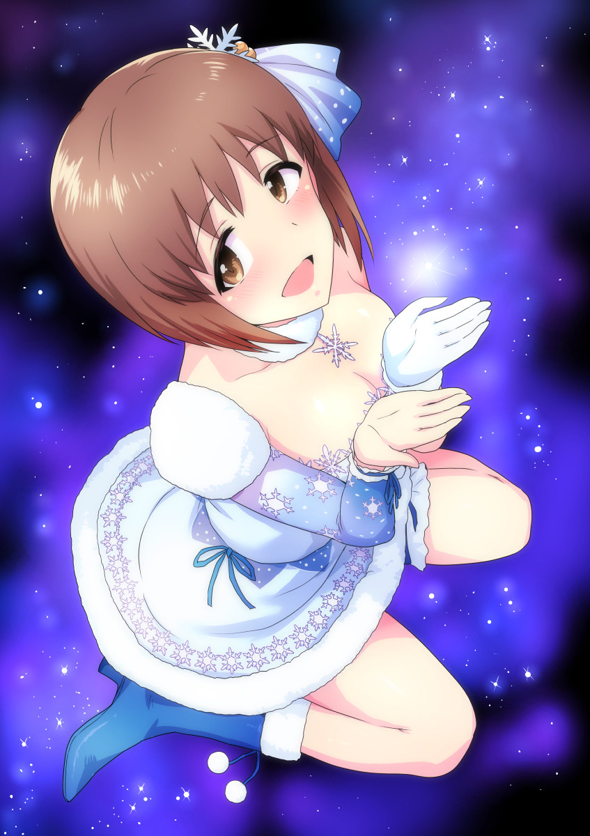 1girl :d ankle_boots asymmetrical_legwear blue_boots blue_dress blue_ribbon boots breasts cleavage collarbone detached_collar dress frills from_above hagiwara_yukiho hair_ornament hair_ribbon high_heels highres idolmaster jewelry leg_garter looking_at_viewer looking_up neck_ring open_mouth pom_pom_(clothes) ribbon shiny shiny_skin single_glove sitting smile snowflake_hair_ornament snowflake_print solo sparkle tsurui wariza white_glove