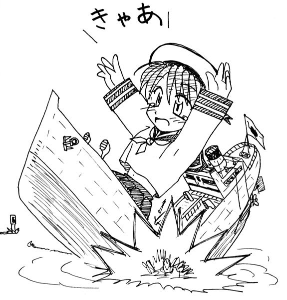 anchor arms_up blush dying explosion hat japanese_flag konoekihei mecha_musume monochrome oil_tanker open_mouth original partially_submerged periscope personification propeller sailor_hat school_uniform serafuku ship shouting sinking smokestack submarine submerged tears traditional_media translated water world_war_ii