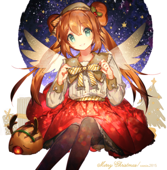 1girl 2015 antlers artist_name black_legwear blue_eyes bow brown_hair christmas christmas_tree double_bun gift hat holly holly_hair_ornament mei_(pokemon) merry_christmas namie-kun pantyhose pokemon pokemon_(creature) pokemon_(game) pokemon_bw2 reindeer_antlers smile swinub twintails wings