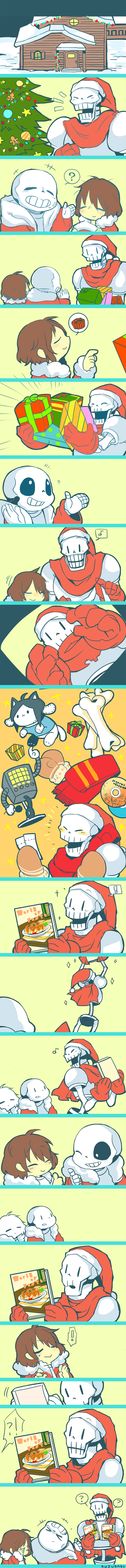 2boys absurdres androgynous artist_name bone box cd character_doll christmas christmas_tree comic cookbook facepalm food frisk_(undertale) gift gift_box gloves hat highres laughing long_image mettaton multiple_boys musical_note papyrus_(undertale) pasta sans santa_hat scarf silent_comic skeleton snow spaghetti spoken_musical_note spoken_object tall_image temmie ticket undertale yokago