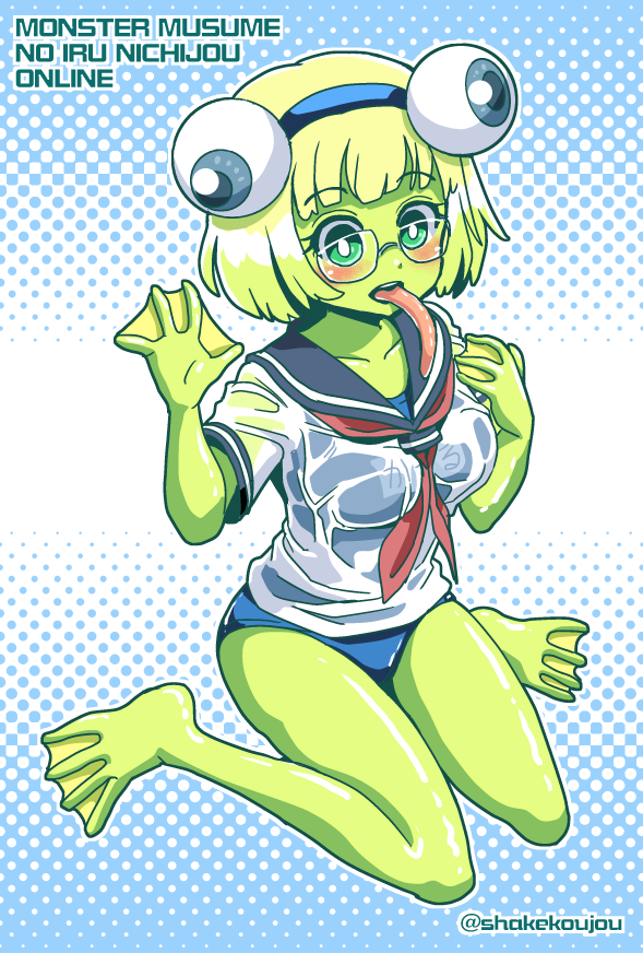 1girl anura_(monster_musume) breasts copyright_name frog_girl full_body glasses green_eyes green_hair green_skin headband long_tongue looking_at_viewer monster_girl monster_musume_no_iru_nichijou one-piece_swimsuit sailor_collar scarf school_swimsuit shake-o shirt short_hair sitting solo swimsuit swimsuit_under_clothes tongue twitter_username wariza waving webbed_feet webbed_hands wet wet_clothes wet_shirt