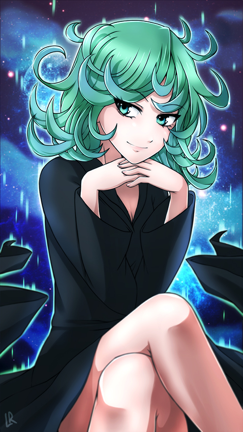 1girl black_dress chin_rest crossed_legs curly_hair dress glowing green_eyes green_hair hands_together lindaroze onepunch_man short_hair sitting smile solo tatsumaki