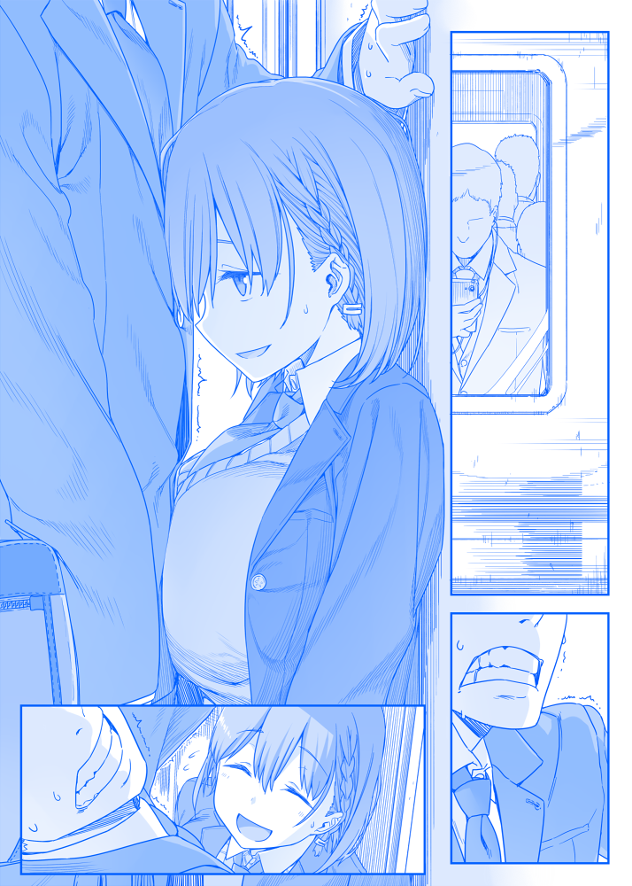 1boy 1girl :d ^_^ blazer braid breast_press breasts clenched_teeth closed_eyes comic cramped faceless faceless_male flying_sweatdrops hair_between_eyes himura_kiseki large_breasts monochrome naughty_face necktie open_mouth original profile school_uniform short_hair silent_comic smile train train_interior trembling