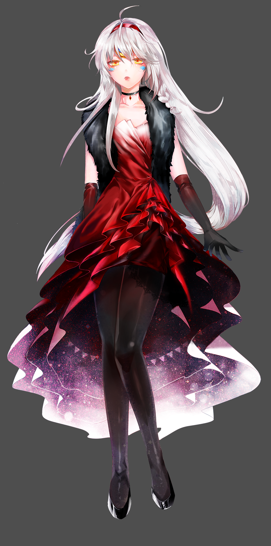 1girl ahoge black_gloves black_legwear black_shoes choker dan_(astsr1) elbow_gloves elsword eve_(elsword) expressionless feather_boa full_body gloves grey_background hairband highres long_hair looking_at_viewer pantyhose red_skirt shoes skirt solo very_long_hair white_hair yellow_eyes