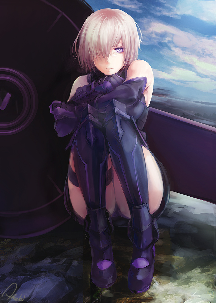1girl akebi_miso armor elbow_gloves fate/grand_order fate_(series) gloves hair_over_one_eye purple_hair shield shielder_(fate/grand_order) short_hair sitting solo violet_eyes