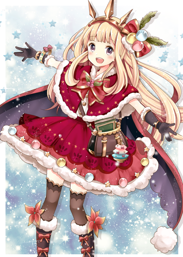 :d bag blonde_hair book boots bow bracelet cagliostro_(granblue_fantasy) cape capelet flower gloves granblue_fantasy headband hiroichi jewelry long_hair open_mouth smile spike star thigh-highs very_long_hair violet_eyes