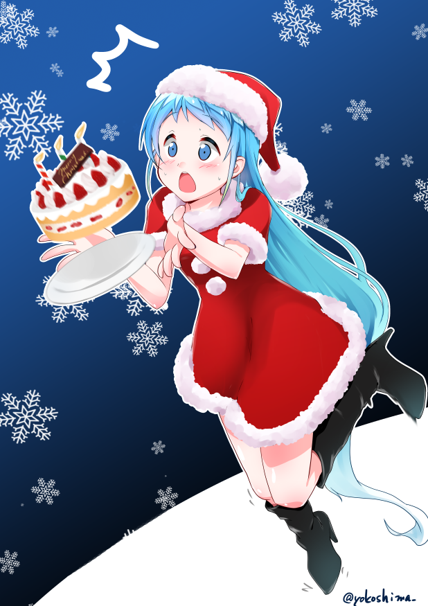 /\/\/\ 1girl alternate_costume blue_eyes blue_hair blush boots cake candle christmas dropping food hat kantai_collection long_hair open_mouth plate samidare_(kantai_collection) santa_costume santa_hat snowflake_background solo surprised tripping twitter_username very_long_hair yokoshima_(euphoria)