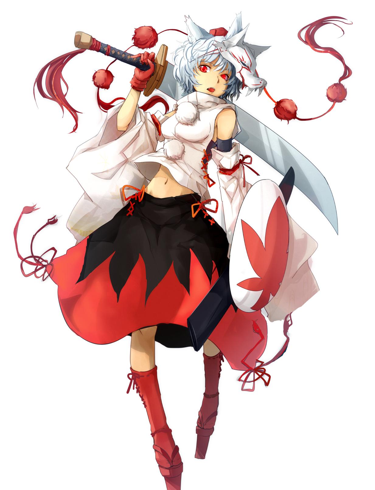 1girl animal_ears bare_shoulders cibo_(killy) detached_sleeves face_mask fang geta gloves hat hat_ribbon highres inubashiri_momiji long_sleeves looking_at_viewer mask midriff navel open_mouth over_shoulder red_eyes red_gloves ribbon shield shirt silver_hair simple_background skirt solo sword sword_over_shoulder tokin_hat touhou weapon weapon_over_shoulder white_background wide_sleeves wolf_ears wolf_mask