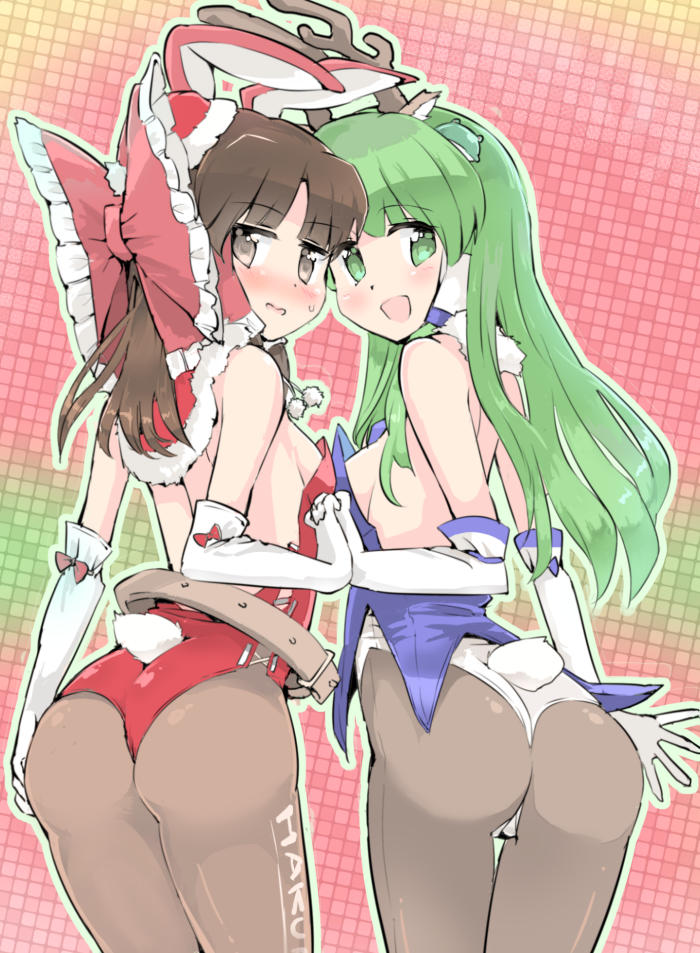 2girls :d alternate_costume animal_ears antlers ass bare_shoulders blush bow breasts brown_hair bunny_girl bunny_tail bunnysuit elbow_gloves frog_hair_ornament gloves green_eyes green_hair hair_bow hair_ornament hair_tubes hakurei_reimu holding_hands interlocked_fingers kochiya_sanae long_hair looking_at_viewer looking_back multiple_girls open_mouth pantyhose puuakachan rabbit_ears smile tail touhou white_gloves