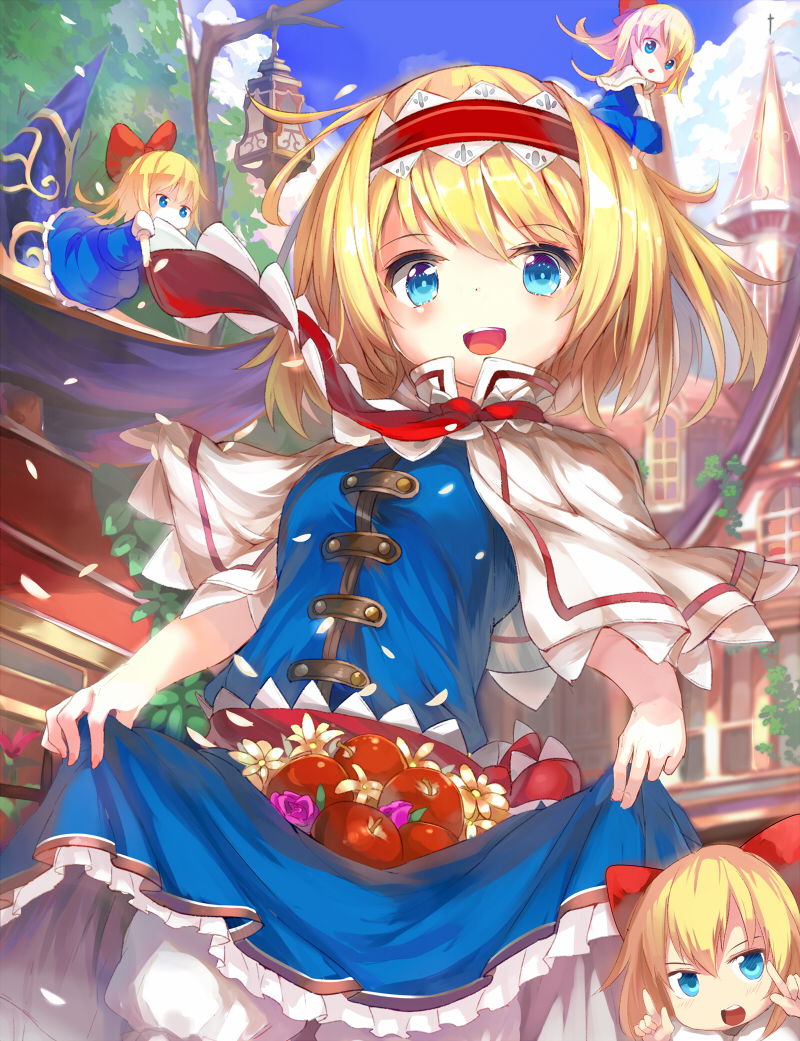 1girl alice_margatroid apple blonde_hair bloomers blue_dress blue_eyes blue_sky bow building capelet clouds dress dress_lift food fruit hair_bow hair_ornament hairband lolita_hairband looking_at_viewer open_mouth sash shanghai_doll skirt_basket sky smile touhou umagenzin underwear wind