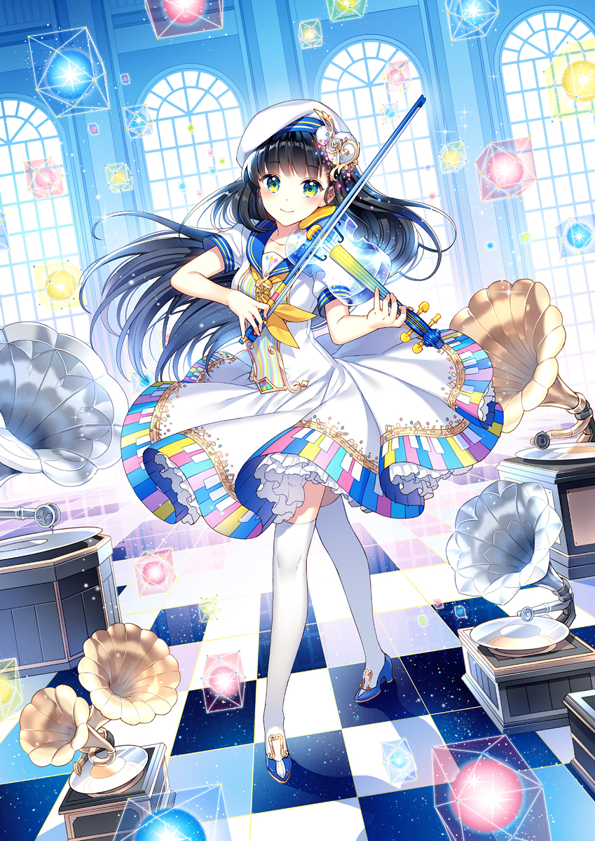1girl aqua_eyes beret black_hair blue_shoes bow_(instrument) hat highres instrument long_hair looking_at_viewer nardack neckerchief original phonograph piano_print playing_instrument print_dress sailor_dress shoes smile solo standing thigh-highs tile_floor tiles very_long_hair violin white_legwear