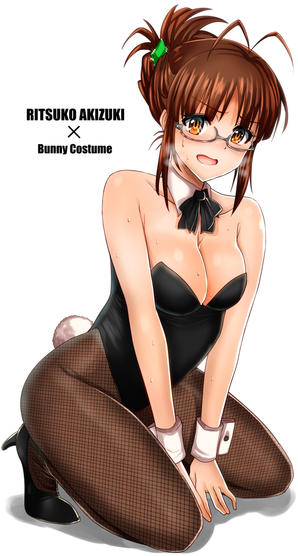 1girl akizuki_ritsuko animal_ears bare_arms bare_shoulders blush breasts brown_eyes brown_hair bunny_girl bunny_tail bunnysuit cleavage collarbone detached_collar fishnet_pantyhose fishnets folded_leg glasses highleg highleg_leotard hot idolmaster inu_(marukome) kneeling large_breasts leotard looking_at_viewer open_mouth pantyhose rabbit_ears solo strapless_leotard sweat sweating tail v_arms wrist_cuffs