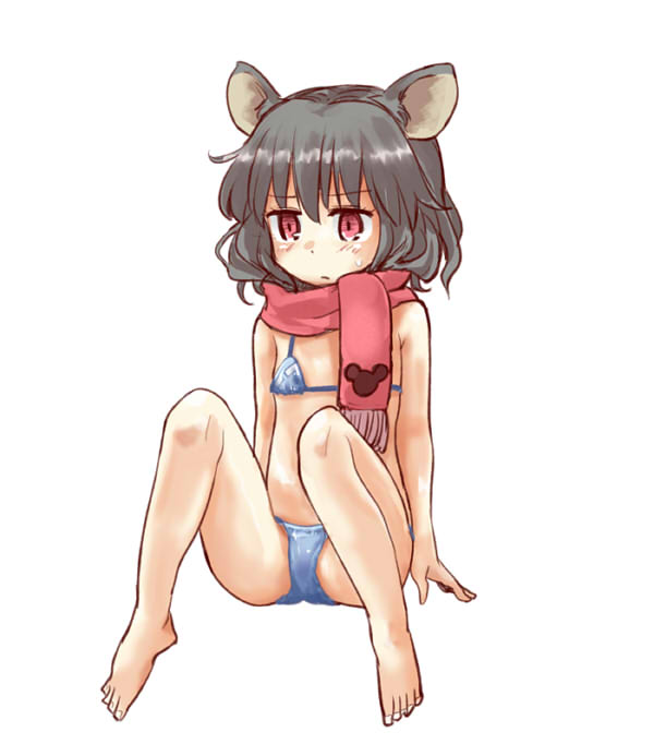 1girl animal_ears bikini blue_bikini disney flat_chest grey_hair micro_bikini mouse_ears mouse_print nazrin nibi pink_eyes scarf solo spread_legs swimsuit touhou