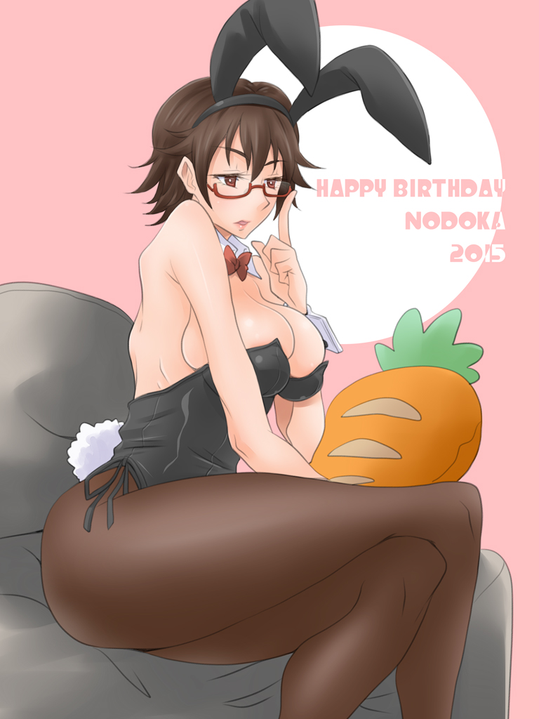 1girl animal_ears bowtie brown_eyes brown_hair bunny_tail bunnysuit carrot couch detached_collar eunos glasses k-on! manabe_nodoka pantyhose rabbit_ears red-framed_glasses semi-rimless_glasses short_hair tail under-rim_glasses wrist_cuffs