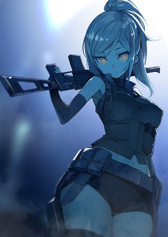 1girl as_val assault_rifle battlefield_(series) battlefield_4 belt breasts covered_nipples elbow_gloves gloves gun holding_gun holding_weapon looking_at_viewer minono_aki original rifle solo thigh-highs weapon yellow_eyes