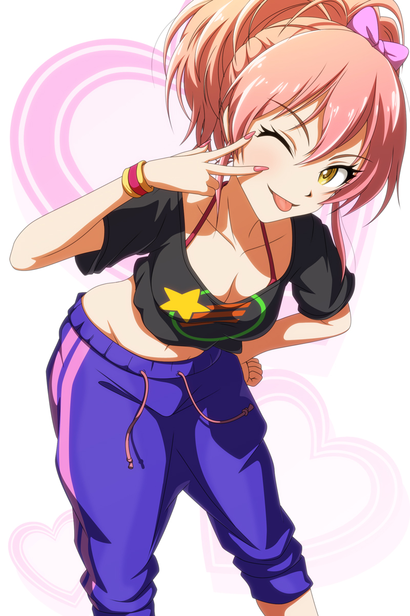 1girl black_shirt breasts cleavage closed_eyes hair_ornament highres idolmaster idolmaster_cinderella_girls jougasaki_mika kouchou long_hair midriff navel pants pants_rolled_up pink_hair shirt solo t-shirt tongue track_pants yellow_eyes