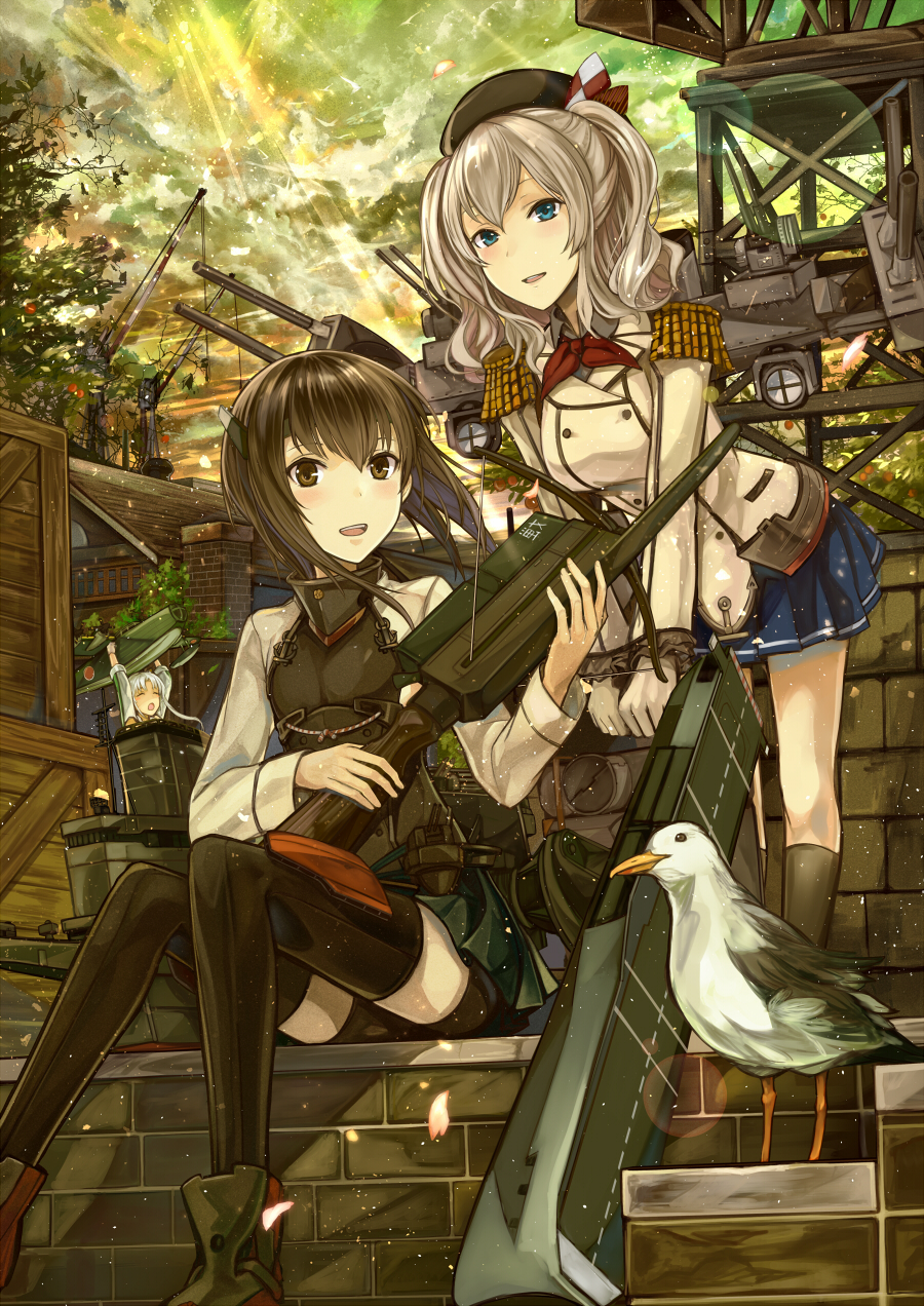 3girls :d :o ^_^ airplane akitsushima_(kantai_collection) animal arms_up bangs beret bike_shorts bird black_legwear blue_eyes blue_skirt blush boots brick brown_eyes brown_hair buttons cannon carrying_overhead cat closed_eyes clouds collared_shirt crane epaulettes flat_chest frilled_sleeves frills gloves green_skirt grey_shirt hair_between_eyes hat headband headgear highres holding_weapon jacket kantai_collection kashima_(kantai_collection) kazabana_fuuka kneehighs leaning_forward long_hair long_sleeves looking_at_viewer military military_uniform miniskirt multiple_girls open_mouth outdoors parted_bangs petals pleated_skirt seagull searchlight shirt short_hair shorts_under_skirt silver_hair sitting sitting_on_stairs skirt sky sleeves_folded_up smile stairs standing striped sunlight taihou_(kantai_collection) thigh-highs tree turret turtleneck two_side_up uniform v_arms wavy_hair weapon white_gloves white_shirt