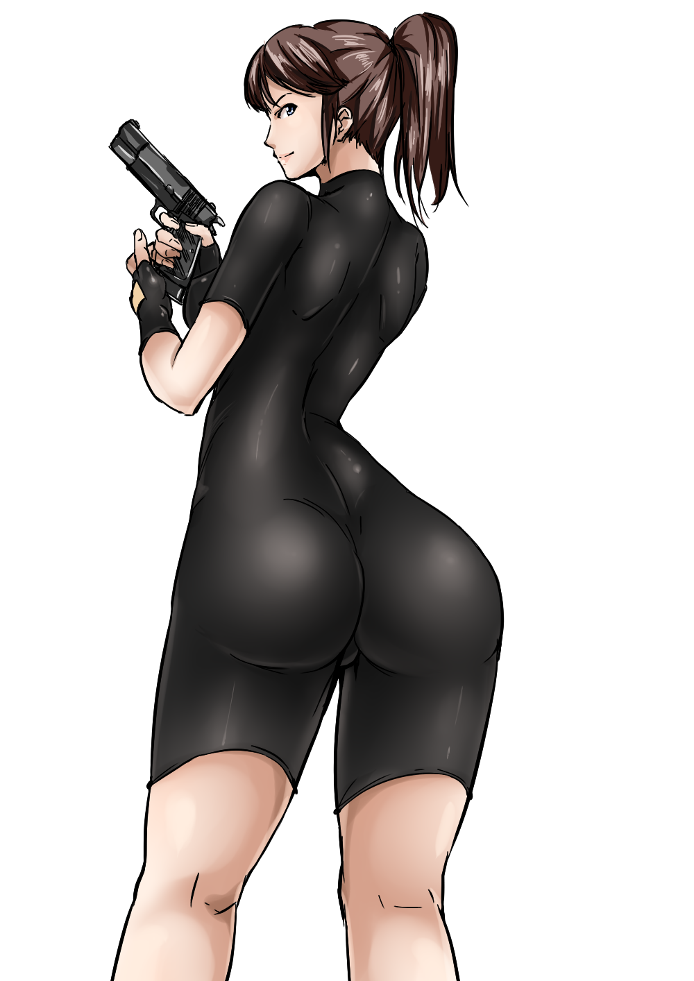1girl ass ayuayu_(shouyu_no_sato) beretta_92 black_gloves blue_eyes breasts claire_redfield cowboy_shot finger_on_trigger fingerless_gloves from_behind gloves grey_hair gun handgun high_ponytail highres holding holding_gun holding_weapon kneepits light_smile long_hair looking_at_viewer looking_back pistol ponytail profile resident_evil resident_evil_2 short_ponytail sideboob sidelocks simple_background skin_tight smile solo standing turtleneck unitard weapon white_background