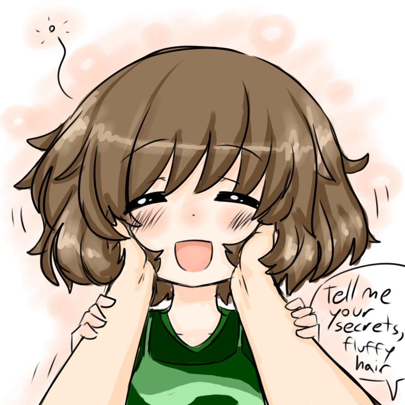 1girl akiyama_yukari artist_request blush closed_eyes english facing_viewer fluffy girls_und_panzer green_shirt hands_on_another's_cheeks hands_on_another's_face hands_on_another's_wrists happy messy_hair open_mouth pink_background playing_with_another's_hair shirt simple_background smile solo_focus speech_bubble