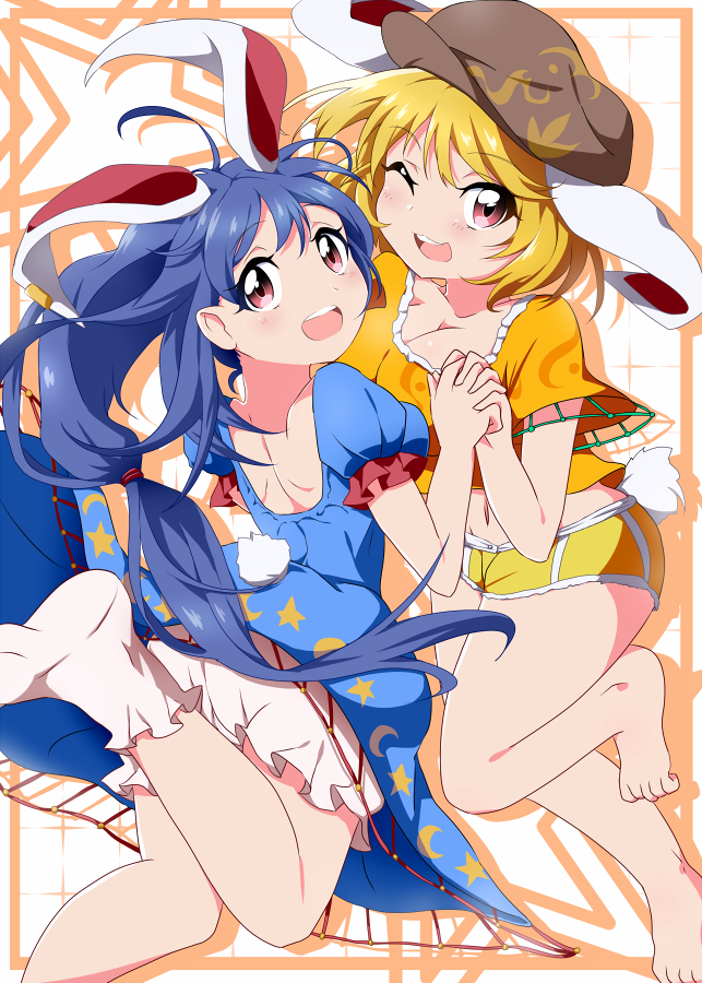 2girls animal_ears barefoot blonde_hair blue_dress blue_hair breasts bunny_tail bwell cleavage dress extra_ears hat holding_hands interlocked_fingers jumping large_breasts long_hair looking_at_viewer looking_back multiple_girls one_eye_closed open_mouth pink_eyes puffy_short_sleeves puffy_sleeves rabbit_ears ringo_(touhou) seiran_(touhou) short_hair short_shorts short_sleeves shorts smile tail touhou very_long_hair