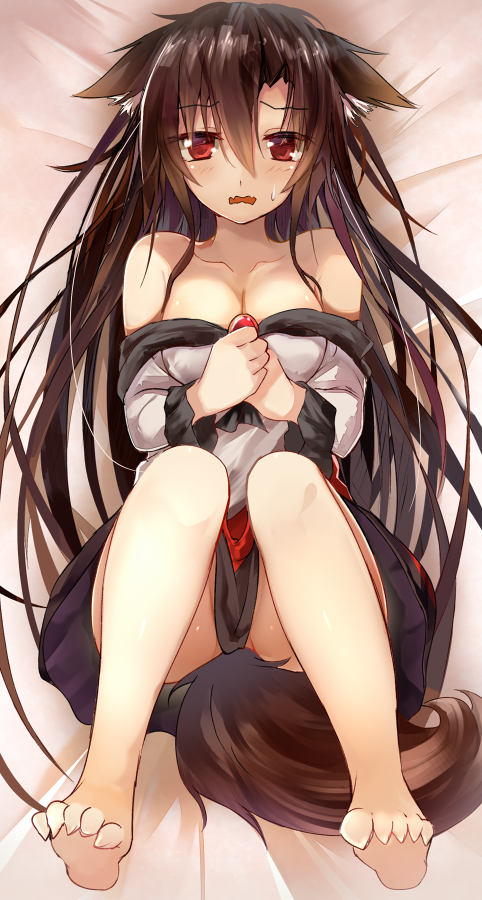 1girl animal_ears barefoot breasts brooch cleavage collarbone commentary_request efe imaizumi_kagerou jewelry long_hair looking_at_viewer lying on_back red_eyes shirt skirt solo submission tail touhou very_long_hair wavy_mouth wolf_ears wolf_tail