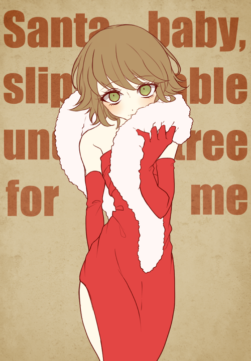 1boy blush brown_background brown_hair cosplay crossdressinging dangan_ronpa dangan_ronpa_1 dress elbow_gloves english eyelashes facing_viewer feather_boa fujisaki_chihiro fur_trim gloves green_eyes impact_(font) looking_at_viewer lyrics marilyn_monroe marilyn_monroe_(cosplay) otoko_no_ko red_dress red_gloves runi_(geeniee25) short_hair solo strapless_dress wide_hips