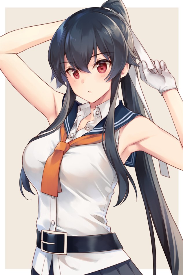 1girl armpits bare_arms belt belt_buckle black_belt black_hair breasts buckle gloves gradient gradient_background ichinomiya_(blantte) kantai_collection large_breasts long_hair looking_at_viewer outside_border ponytail red_eyes sailor_collar sidelocks solo tying_hair very_long_hair vest white_gloves white_vest yahagi_(kancolle) yellow_background
