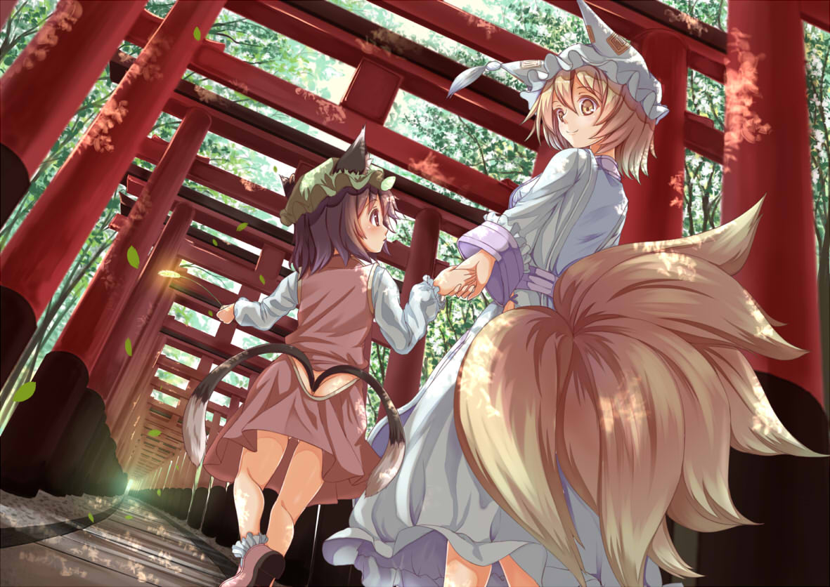2girls animal_ears ass_cutout back bangs black_hair blonde_hair butt_crack cat_ears cat_tail chen closed_mouth dutch_angle eye_contact falling_leaves fox_ears fox_tail frilled_sleeves frills from_below ging1993 hair_between_eyes hat holding_hands leaf long_sleeves looking_at_another multiple_girls multiple_tails multiple_torii outdoors pillow_hat red_skirt red_vest shirt short_hair skirt skirt_set smile tabard tail tail_slit_clothes tail_through_clothes tassel touhou tree upskirt walking white_shirt yakumo_ran yellow_eyes