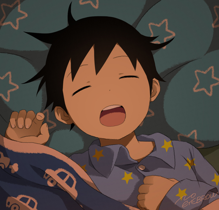 1boy artist_name black_hair car closed_eyes from_above lying male_focus messy_hair motor_vehicle noeyebrow_(mauve) on_back open_mouth original pajamas short_hair sleeping solo star under_covers vehicle